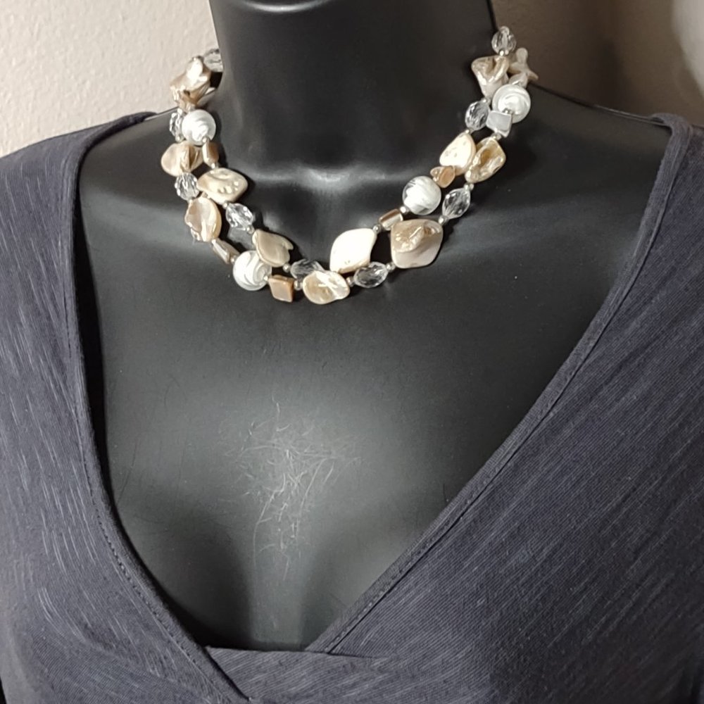 Two Layer Shell, Plastic, And Glass Bead Necklace Adjustable 17 To 20 Inches